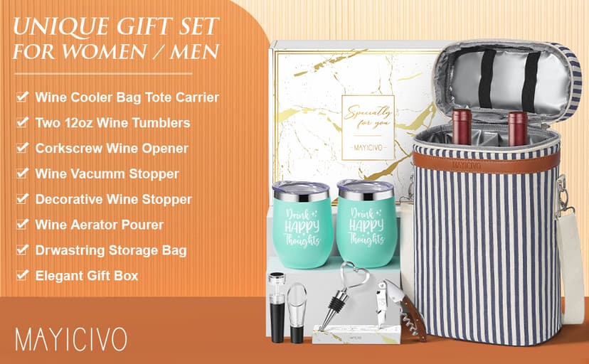 Birthday Christmas Gifts for Women Men - Wine Gift Baskets Christmas Gifts For Mom, Women, Friend, Wine Lovers, Self Care Package, Insulated Wines Tote Bag Carrier w/ Tumblers & Wines Accessories Set