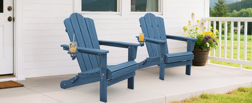 KINGYES Folding Adirondack Chair, HDPE All-Weather Patio Chairs with Cup Holder, Wooden Textured Fire Pit Chairs Recliner for Poolside, Backyard, Deck, Navy