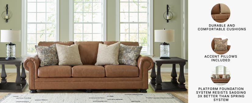 Signature Design by Ashley Carianna Classic Leather Match Sofa with Nailhead Trim, Dark Brown