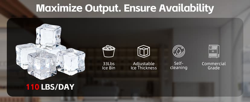 Commercial Ice Maker, 110lbs/24H, 33lbs Large Storage Under Counter Ice Maker for Business, 50 Cubes in 7-14Mins Stainless Steel Ice Machines, Self Cleaning Ice Makers for Cafe Bar Restaurant Home