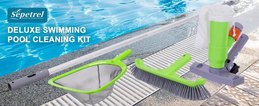 Sepetrel Deluxe Swimming Pool Cleaning Kit with Spa Jet Vacuum Cleaner,Brush, Semi-deep Skimmer Net & Adjustable 57.5-inch Pole,Ideal for Cleaning Above Ground,Inflatable Pools