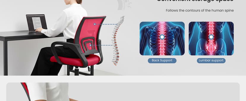 DUMOS Home Office Chair - Ergonomic Mid Back Mesh Desk Chair with Lumbar Support & Rocking Mode, Height Adjustable with Fixed Armrest, for Computer, Gaming, Meeting, 360° Swivel, Red