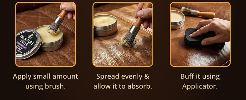 3-in-1 Furniture Salve for Leather & Wood – Polisher, Conditioner, & Restorer for Couches and Furniture- Leather Repair Salve with Brush & Buffing Pad- 5oz