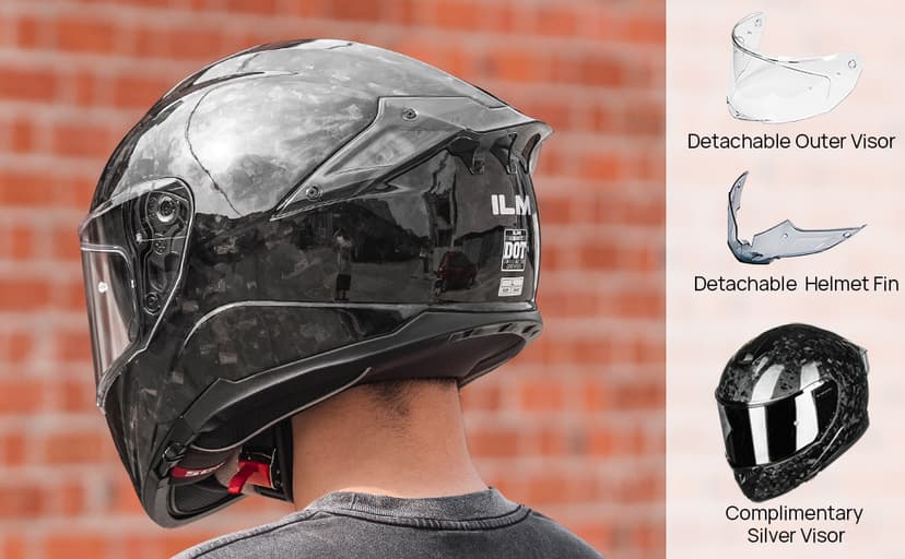 ILM Carbon Fiber Motorcycle Helmets Lightweight Full Face Dual Visor Helmet with Rear Wing Pinlock Compatible Motorbike Street Bike DOT ECE Men Women Model 861C (Snake-Effect CarbonFiber, M)