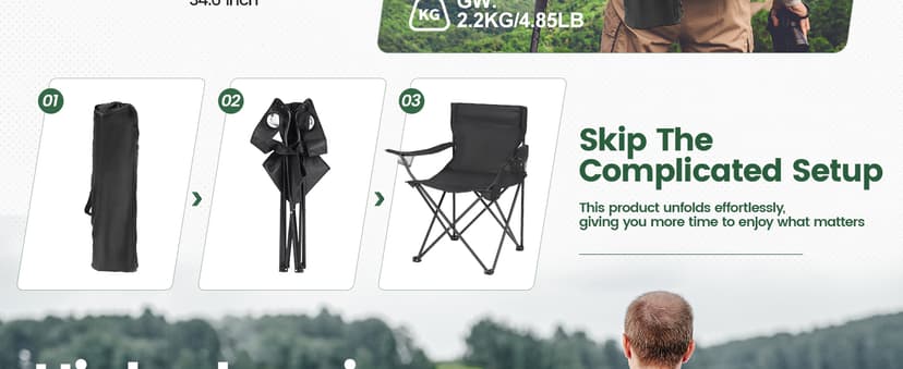2 Pack Camping Chairs -Lightweight and Supportive Chairs for Adult and Lightweight Individuals - Compact, Durable, and Portable - Ideal for Camping, Hiking, Beach, and Picnics -Carry Bag