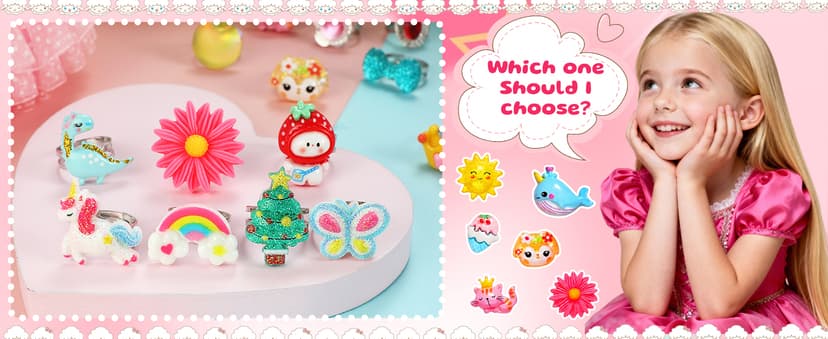 PinkSheep Little Girl Jewel Rings in Box, Adjustable, No Duplication, Girl Pretend Play and Dress Up Rings (24 Lovely Ring)