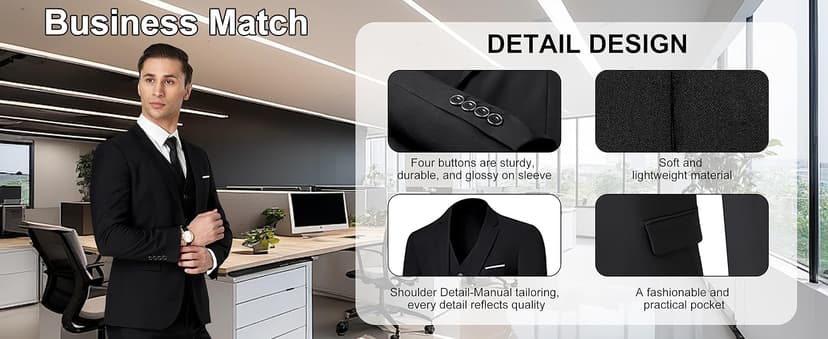 Men's Suit 3 Piece Slim Fit Suit Set, Two Button Solid Jacket Vest Pants with Tie, Men Tuxedo Suit Set