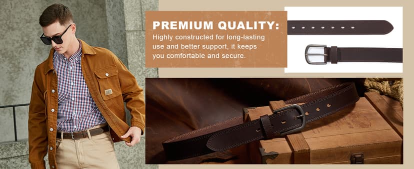 DENGFENGZHE Men's Full Grain Leather Belt for Everyday Casual Jeans, 1.5" Handmade Men Leather Belts with Gift Box