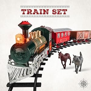 Electric Train Set for Kids Ages 4-8 | Train Set for Kids Ages 4-8 | Battery Powered Trains Sets with Lights & Sounds, Steam Locomotive Engine, Horses & Tracks - Classic Railway Toy Gift