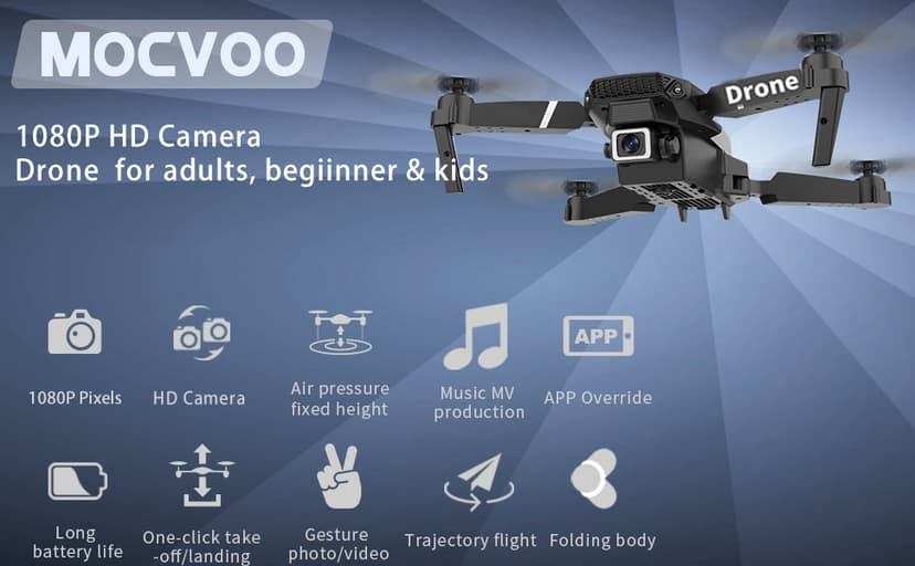 MOCVOO Drone With 1080P Camera for Adults Beginners Kids, Foldable RC Quadcopter, Toy Drones Gifts, FPV Drone Video, 2 Batteries, Carrying Case, One Key Start, Headless Mode, Waypoints fly, 360° Flips