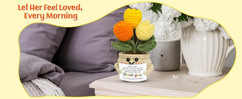 OASSIE Thank You Gifts for Women - Mini Handmade Positive Tulip Flowers Crochet with Message Card - Christmas Birthday Farewell Employee Appreciation Gifts for Coworkers, Emotional Support Crochet
