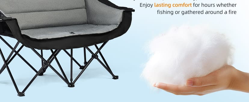 Double Camping Chair Loveseat - 2 Person Oversized Camping Couch for Adults Padded Heavy Duty Outdoor Lawn Beach Portable Folding Chairs with Cup Holders and Carry Bag Support 600lbs, Black/Grey