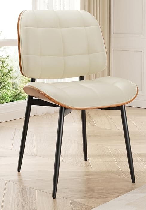 Dining Chairs Set of 2, Mid Century Modern Dining Room Chair with Thick Cushion, Upholstered Faux Leather Kitchen Chairs with Walnut Bentwood Back for Kitchen Dining Room, Beige