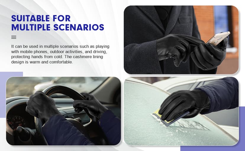 QOF Winter Genuine Leather Gloves for Men, Cashmere Warm Lined Finger Touchscreen Texting Driving Gloves