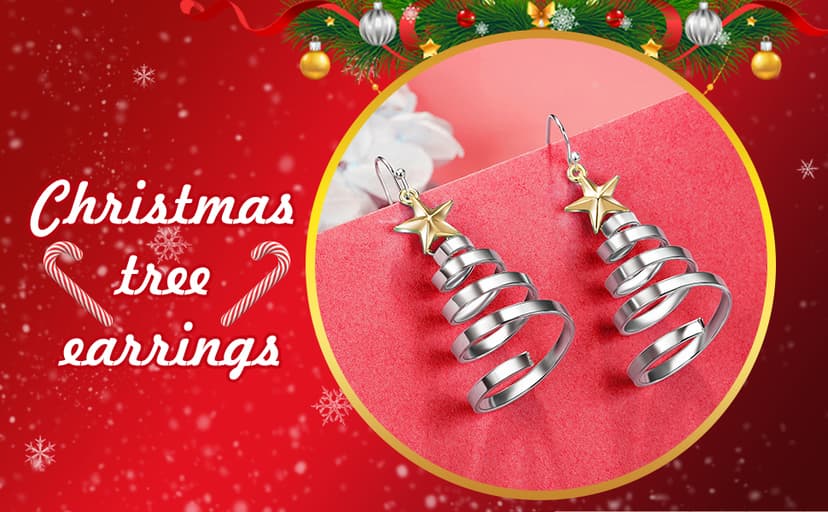 Handmade Christmas Tree Dangle Hoop Earrings Golden Silver Two Tone Women Holiday Gift, Thanksgiving Themed Earrings, Christmas Party Gift
