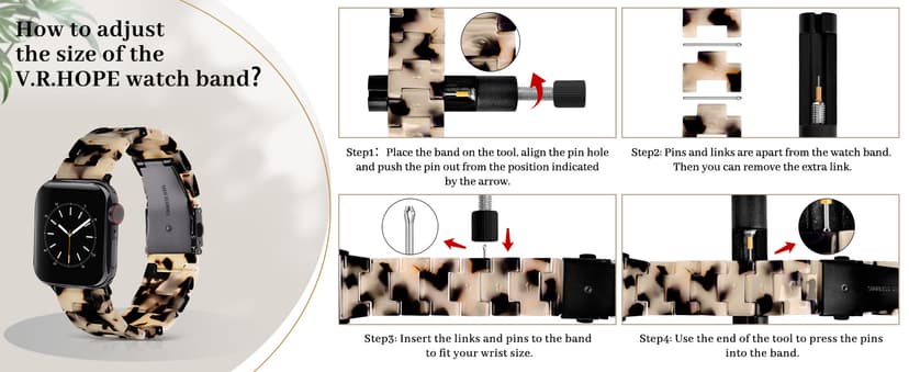 V.R.HOPE Resin Watch Band Compatible with Apple Watch Band for Women 38mm 40mm 41mm 42mm Tortoise Fashion Lightweight Bracelet Strap for iWatch Series 11/10/9/8/7/6/5/4/3/2/1/SE3 (Black Floral)