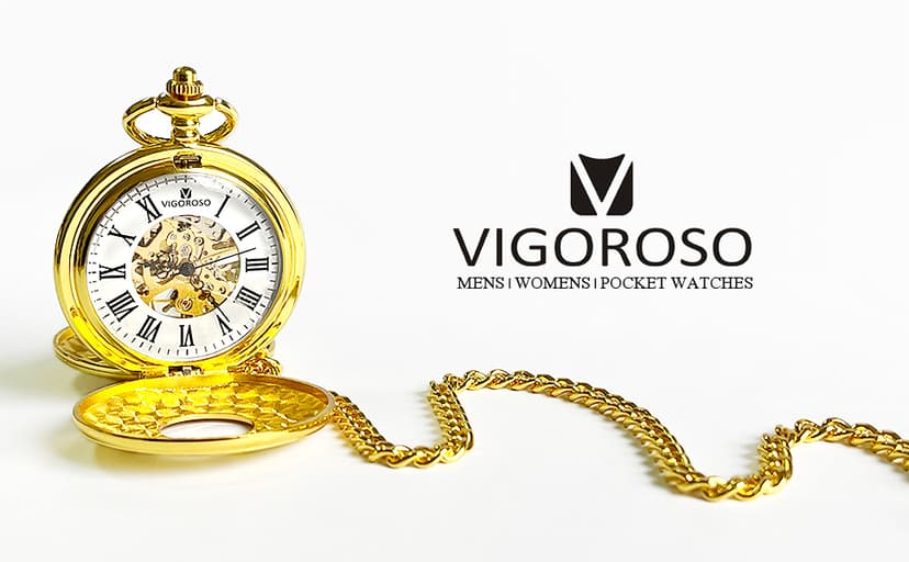 VIGOROSO Vintage Hand Wind Up Pocket Watches for Men, Mechanical Pocket Watch with Chain, Mens Skeleton Pocketwatch