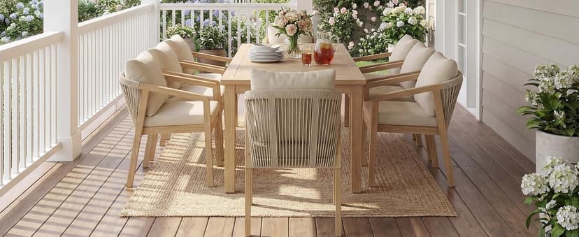 Wisteria Lane 9 Pieces Acacia Outdoor Patio Table and Chairs Set for 8, Patio Outdoor Dining Table Set with Cushion, Modern Outdoor Patio Table Set for Lawn Backyard Garden Deck, Beige