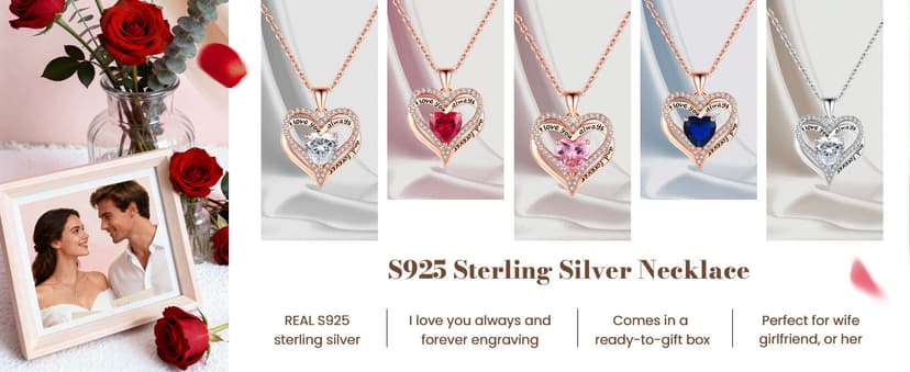 Gifon S925 Sterling Silver Necklace for Women, Wife Jewelry Rose Gold, Mom Birthday Valentines Mothers Day Gifts, Girlfriend Necklaces, Daughter Heart Jewel, Anniversary for Her
