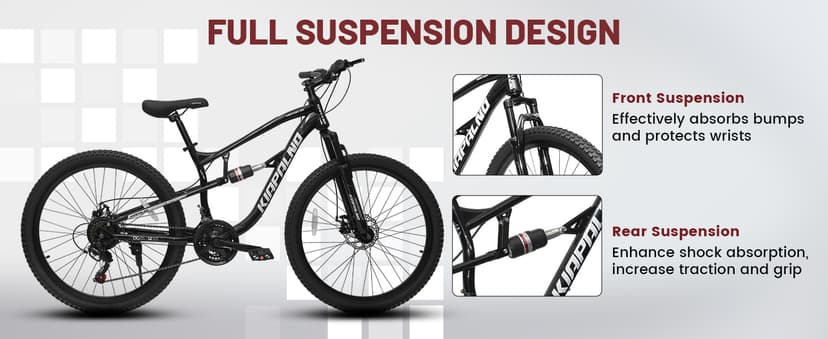 24/26/27.5 Inch Wheel Mountain Bike, 21 Speed MTB Bike with Full Suspension, Steel Frame and Dual Disc Brakes, Adult Mens Outdoor Cycling Mountain Bicycle