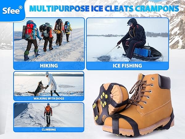 Sfee Ice Cleats for Boots Shoes, Snow Grips Cleats for Ice and Snow Anti-Slip Rubber Traction Cleats for Walking on Snow and Ice 10 Steel Studs Crampons for Hiking, Walking, Climbing, Jogging