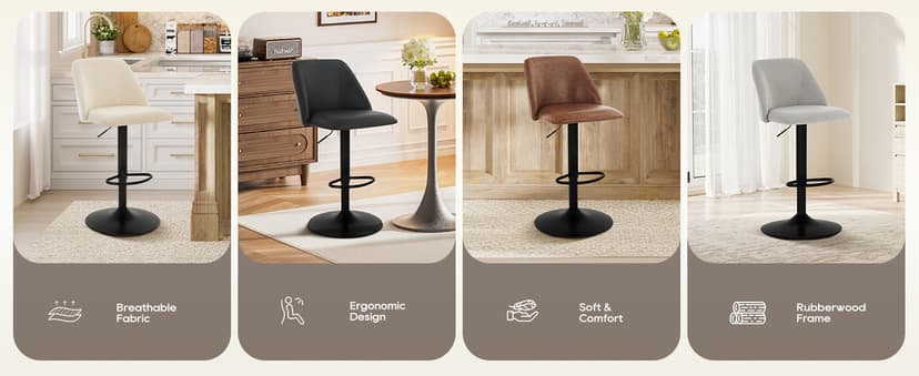 COLAMY Bar Stools Set of 4, Modern Swivel Bar Chairs, Adjustable Upholstered Barstools Counter Height with Full Backrest for Bar, Dining Room, Kitchen Island, Beige