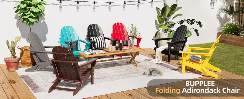 BUPPLEE Folding Adirondack Chair, 450 LBS Heavy Duty HDPE Poly Lumber Fire Pit Chair for Outside, All-Weather Resistant Plastic Adirondack Chairs for Patio, Garden, Deck & Backyard, Red