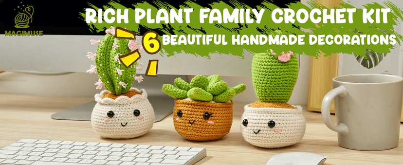 MAGIMUSE Crochet Kit for Beginners, Crochet Starter Kits, Amigurumi Craft Knitting Crocheting Kits with Step-by-Step Video Tutorials, 6 Pack Hanging Potted Plants Family(40%+ Yarn