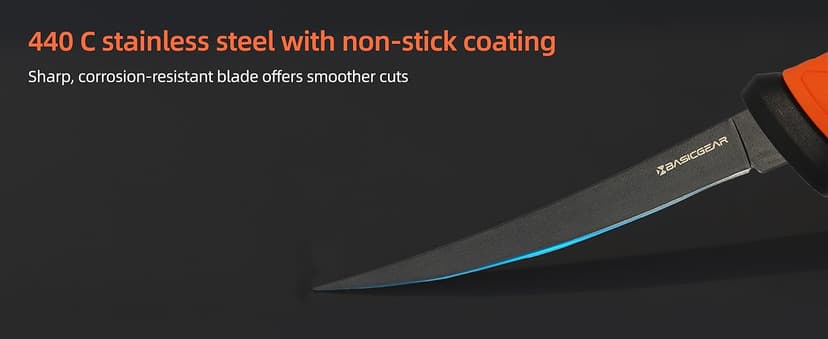 BasicGear Fishing Fillet Knife Set of 4 – 5”, 7”, 8”, 9” 440C Stainless Steel Knives with Non-Stick Blades, Sheaths, Sharpener, and Carry Bag – Deboning and Filleting Tools for All Fish Types