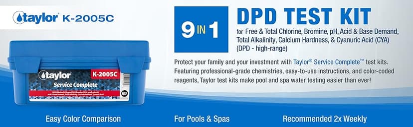 Taylor K2005 High Range Swimming Pool Total and Free Chlorine Bromine Alkalinity Calcium Hardness Base and Acid Demand pH DP Test Kit