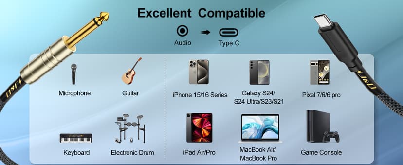 J&D USB C to 6.35 mm 1/4 inch TS Guitar Audio Cable, Audio Recording, Bass, Electronic Piano Microphone Cord Compatible with iPhone 16/17 Series, Galaxy S24/S25, 10 Feet