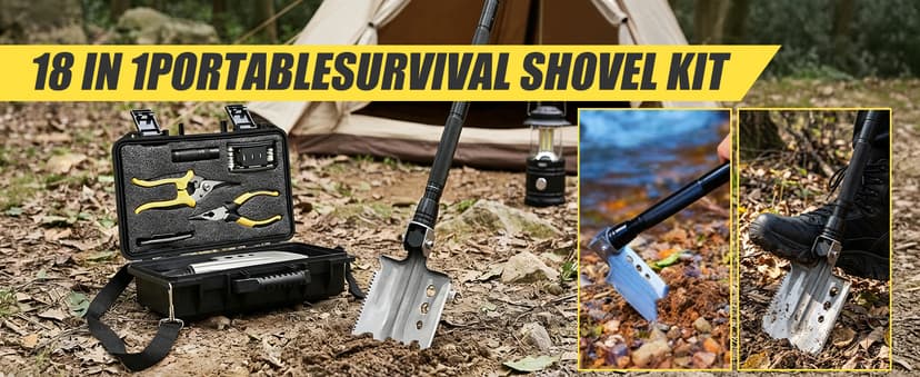 CIRONBOW Folding Camping Shovel Axe Kit,Multifunctional Survival Shovel with Stainless Steel Pickaxe ,pliers,Compass,Locking scissors,Magnetic flashlight- For Camping, Snow, Hiking, Survival Gear