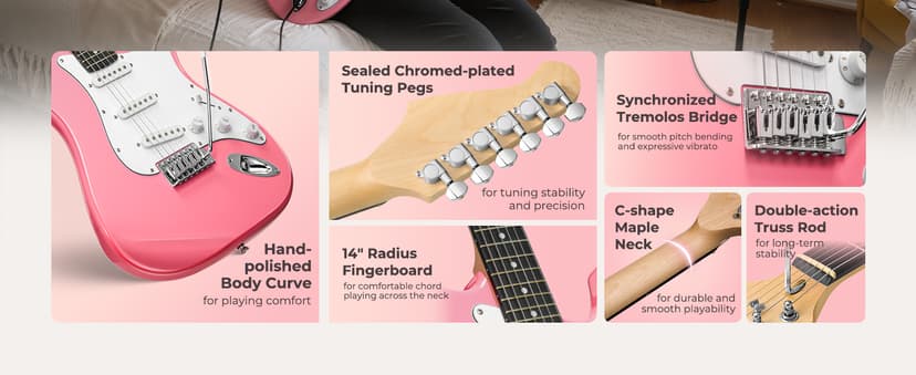Vangoa 39 Inch Full Size Electric Guitar Beginner Kit Solid Body SSS Pickups with Amp, Bag, Tremolo Bar, Strings, Tuner, Picks, Strap, Capo, Cable for Starter Girls Adults Teens, Petal Pink
