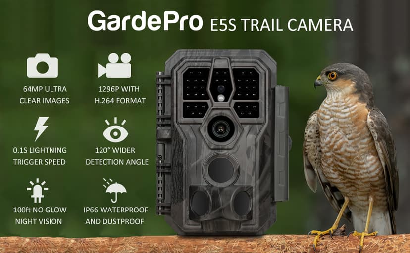 GardePro E5S Trail Camera (Non-Cellular, Non-WiFi), 64MP Photo & 1296P HD Video, 0.1s Trigger, 100ft No-Glow Night Vision, Motion Activated Wildlife Camera