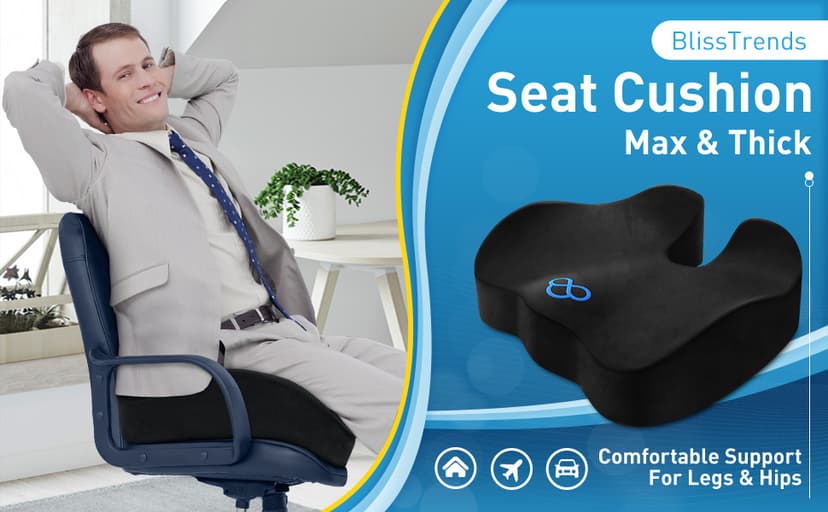 BlissTrends Seat Cushion with Velvet Cover, Thick Memory Foam Cushions for Office Chair, Car Seat, Airplane, Relieving Pressure Tailbone Sciatica Back Pain for Long Sitting, Car Drivers 4.7in Black