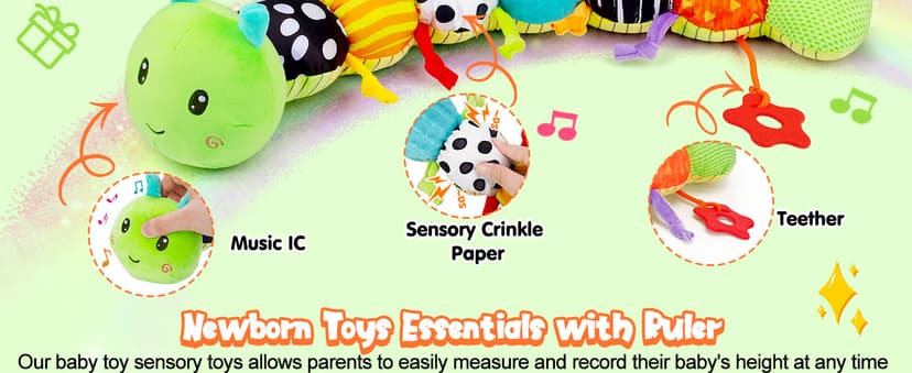 Baby Sensory Toy 0-6 Month Music Animal Stuffed Plush Caterpillar Toy for Infant 0-3-6-12 Month Old Tummy Time with Baby Mirror Crinkle Rattle Carseat Toys for Newborn Boys Girl Shower Gifts