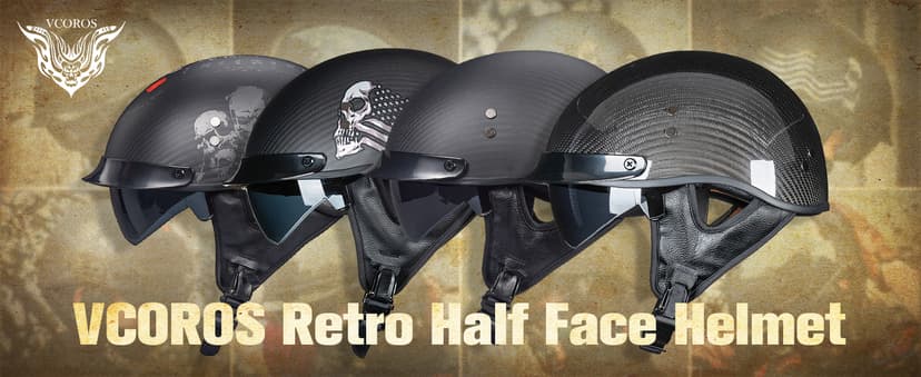 VCOROS Carbon Fiber Open Face Retro Motorcycle Helmets Men Women Half Face Helmets for Motorbike Cruiser Chopper Moped Scooter ATV (Gloss Black, L)