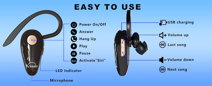 Kendir Bluetooth Headset, V5.0 Ultralight Wireless Headphone Cell Phone Earpiece with Mic Headsetcase,Volume Control, Handsfree Earbud,Compatible with Android/iPhone/Smartphones/Laptop