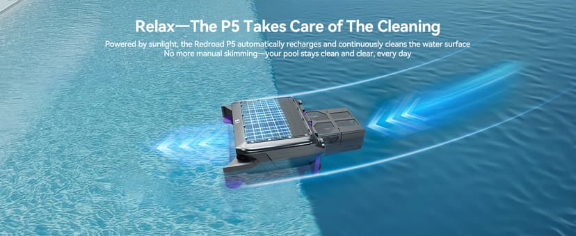 Solar-Powered Robotic Pool Surface Skimmer Cleaner with 24/7 Continuous Cleaning and Re-Engineered Twin Salt Tolerant Motors, Dual Charging,Smart Obstacle Avoidance, 150-um Filtration
