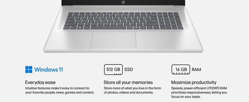 HP 17.3 inch Laptop, HD+ Display, AMD Ryzen 5 7520U, 16 GB RAM, 512 GB SSD, AMD Radeon Graphics, Windows 11 Home, Natural Silver, 17-cp2199nr
