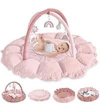 HAN-MM 5-in-1 Convertible Baby Play Gym with 6 Toys, Tummy Time Mat for Sensory Development, Baby Activity Center from Newborn to Toddler, Ball Pit, Soft Plush Pet Mat, Pink