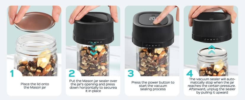 ZIWEO Mason Jar Vacuum Sealer Kit for Wide Mouth and Regular Mouth Mason Jars, Electric Vacuum Sealer with Suction Nozzle, 10 Lids and 1 Vacuum Bag, Compact and Auto Stop Design