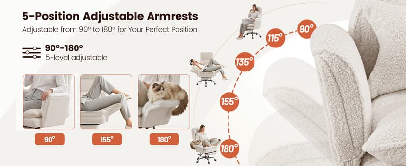 Furniliving Criss Cross Office Chair with Armrests & Wheels, Big and Tall Office Chair with Footrest, Flip Armrests for Pets, Wide Seat Cross Legged Desk Chair, Ergonomic Computer Chair, Teddy, White