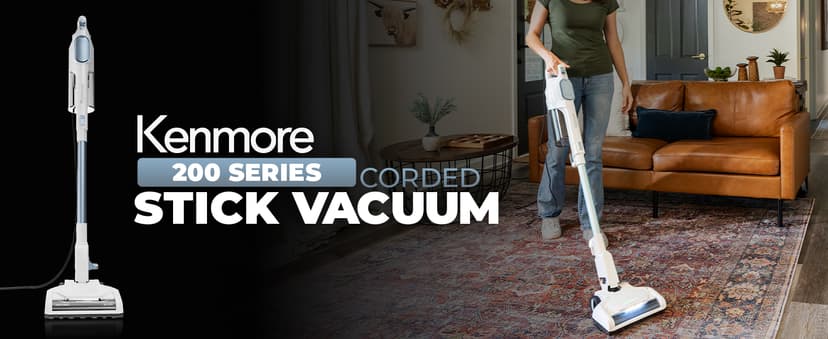 Kenmore CS2015 200 Series Corded Stick Vacuum, Detachable Hand Vac with 2-Motor Powerful Suction, Hair Eliminator Nozzle, LED Headlight & Swivel Steering for Carpets, Bare Floors and Couches