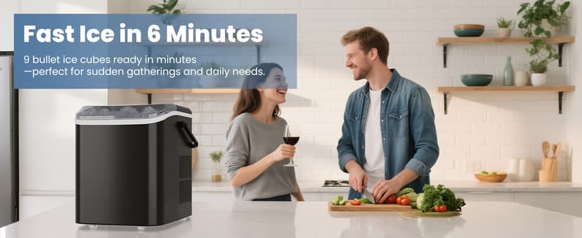 DUMOS Countertop Ice Maker with Handle, 26lbs/24H Portable Ice Machine, 9 Bullet Cubes Ready in 6 Mins, Self-Cleaning, Quiet Compact for Home, Kitchen, RV, Camping, Bright Black