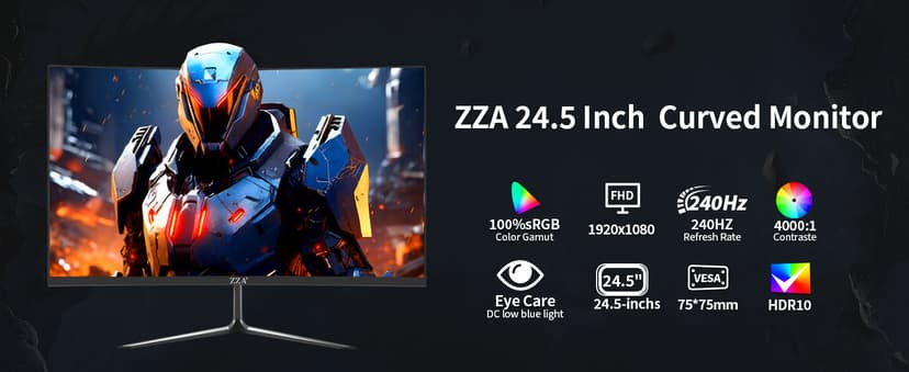 ZZA 25" Curved Gaming Monitor, 240Hz|144Hz FHD(1920 * 1080P) VA Screen Computer Monitor, Supports Freesync, 120% sRGB, Blue Light Filter,AMD Freesync, Wall Mountable Installs(HDMI 1.4/DP 1.2)