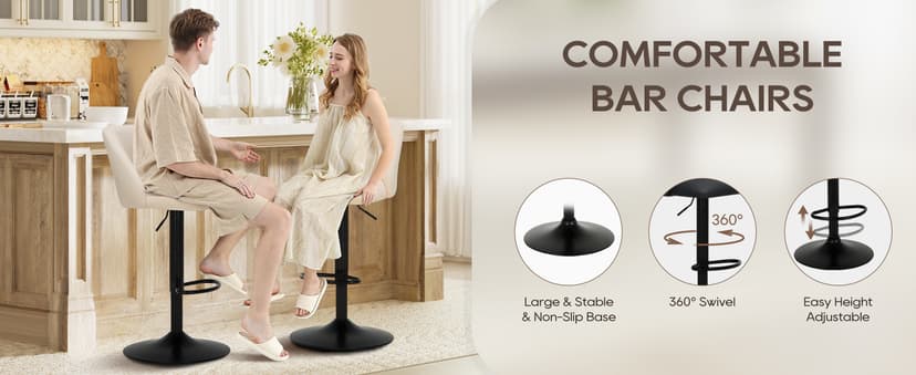 COLAMY Bar Stools Set of 4, Modern Swivel Bar Chairs, Adjustable Upholstered Barstools Counter Height with Full Backrest for Bar, Dining Room, Kitchen Island, Beige