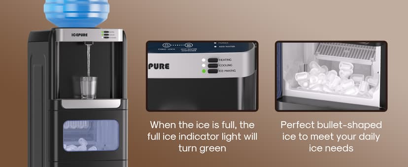 ICEPURE 3-in-1 Water Dispenser with Built-in Ice Maker, Water Cooler Dispenser for 5 Gallon Bottle Top Loading, Hot and Cold Water Dispenser with Child Lock for Home and Office, 33lbs/24H