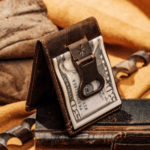 House of Jack Co. Ivor Bifold Money Clip Wallet for Men, Slim Front Pocket Wallet with Strong Magnetic Clip, Exterior ID Window, Full Grain Cowhide, Brown
