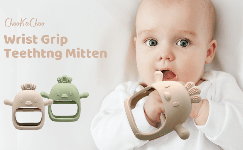 2 Pack Baby Teething Toy Silicone Teething Mitten for Babies Over 3 Months Anti Dropping Wrist Hand Teethers Baby Chew Toys for Sucking Needs, BPA Free (Green & Caramel)